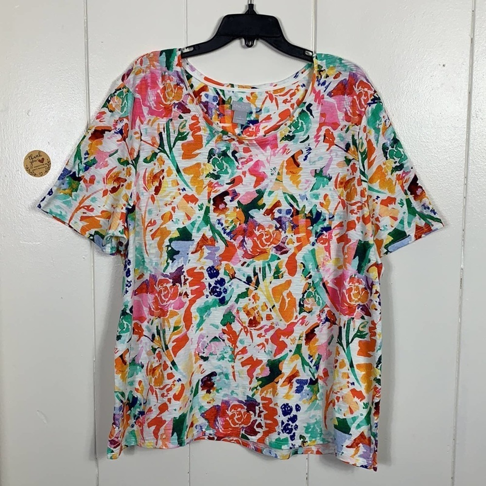 # CHICO’S MULTICOLOR T-SHIRT SHORT SLEEVES SIZE 4 (XXL) ROUND NECK - Picture 2 of 10